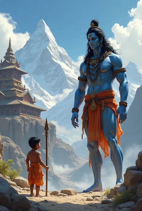 A small cute boy is stopping Lord Shiva from entering into a palace 
The boy should hold a stick in one hand and other showing lard Shiva to not enter into the palace
Its a very old age story , the dress of the boy should be accordingly 
The boy should be ...