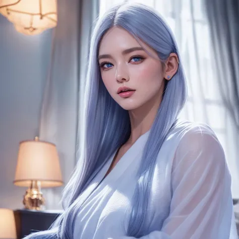 a beautiful mysterious woman with long flowing white hair, piercing blue eyes, and delicate facial features, wearing official elegant clothing in a dark environment with deep shadows and low key lighting, dynamic lighting creating a volumetric, hyperrealis...