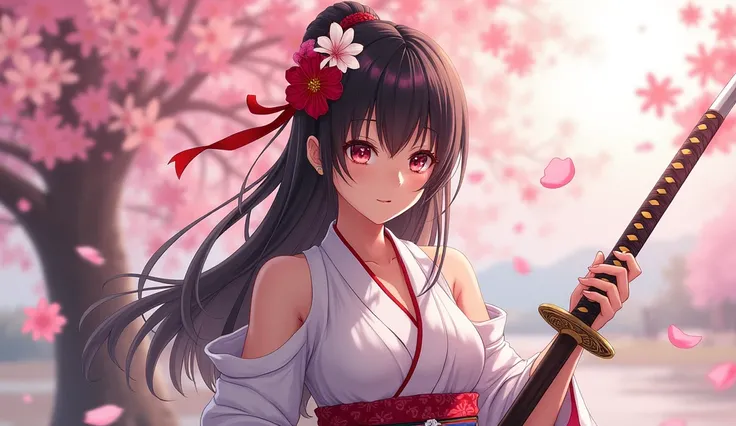 Japan, kimono, open shoulders, beautiful breasts, neckline, USA, sakura, Samurai Sword, flower petals. 