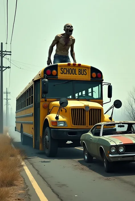 School bus in the middle of the road, burnt. Faded yellow. Car window broken. the door is open. On top of the car there is a zombie roaring., open his mouth torn. 