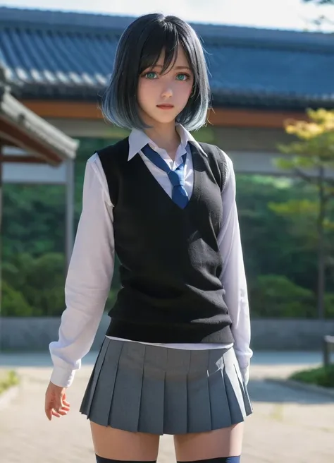 masterpiece, akane, realism, high quality, 8k, beautiful lighting, 1girl, solo, green eyes, medium_hair, white shirt, sweater vest, black vest, blue necktie, grey skirt, outdoors, looking at viewer, blue hair, her back is turned, you can see her panties fr...