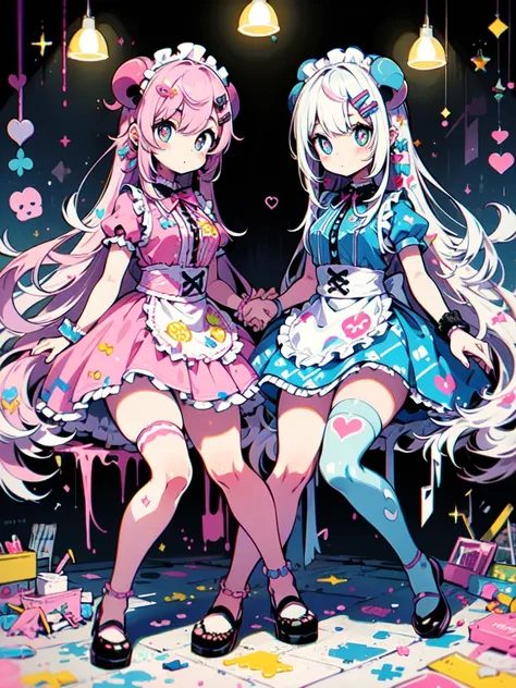 masterpiece, best quality, ultra detailed, beautiful shading, cinematic ligthing, studio lights, cute, kawaii, big eyes, flower pattern on pupil, shaped pupil , cute polka dot pattern on bows, plaid, light pink colored hair，Powder-blue pupils，Wear pink and...