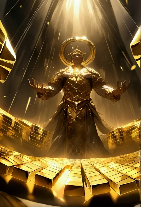 The god of wealth is surrounded by shining gold bars