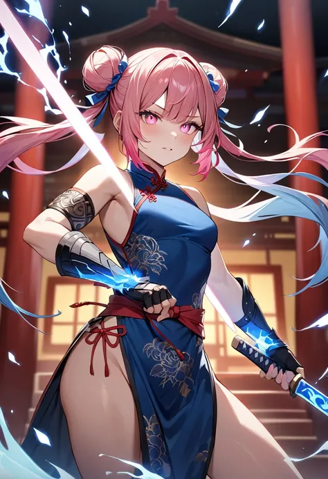 (masterpiece, top quality, very aesthetic, 4k、illustration), intricate detail, 1woman,solo,contrapposto 、Strong glowing eyes、,(cowboy shot)、Blue aura、(Martial artist),beautiful face、fingerless gloves、Hand sword、double bun、(fluorescence pink gradient hair)、...