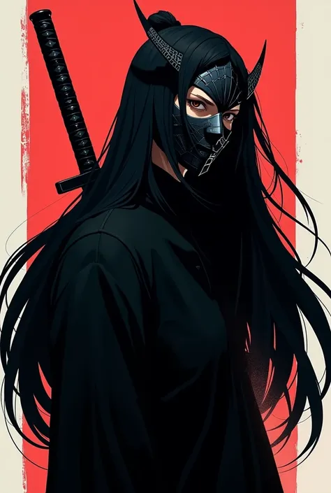 Make a banner for a YouTube channel with a character wearing a samurai mask and black hair, with swords on his back and wearing a black shirt, the character has to be less realistic