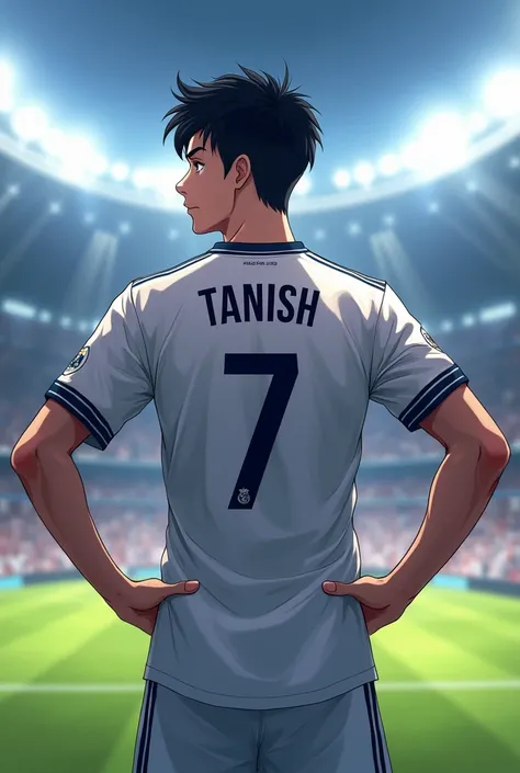 A football player 
Age 18
On the back of the t-shirt name is TANISH .
Ans no. Is 7 .
In anime 
A handsome boy
In a stadium 
With real Madrid t-shirt
Create image on his back and show the name and no . 
The hands is on the trunk
Creat a image for computer w...