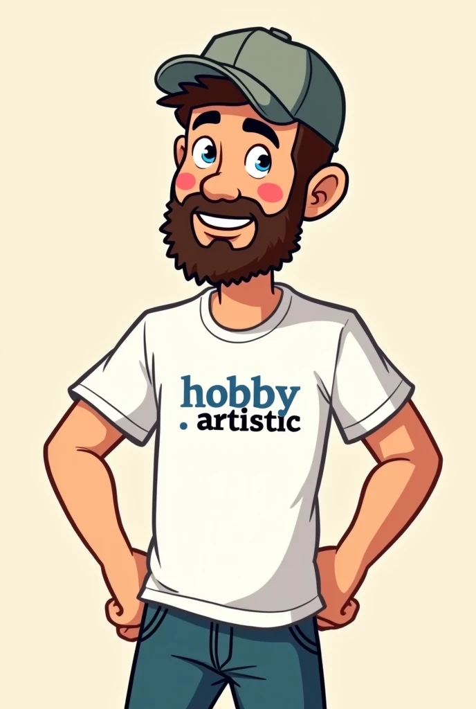 Cartoon image of a man with a beard wearing a cap and a white t-shirt with the words "hobby.artistic", calvo