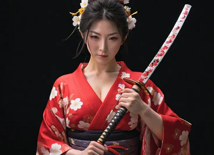 Japan, Red kimono, open shoulders, beautiful breasts, neckline, Samurai Sword, flower petals, Black background, realistic 