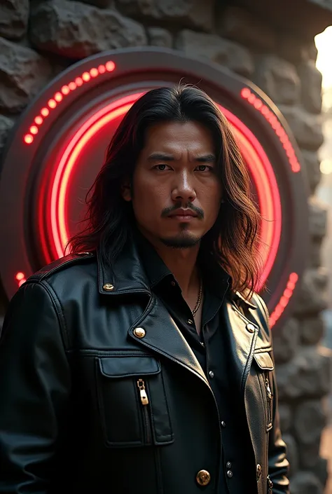 Very long-haired Indonesian man, stocky, wearing a leather jacket, realistic, looking at the viewer, the back wall of the room has a round logo that says "NLF", letters embossed from clear red and white acrylic with gold dust, glowing corners, black natura...