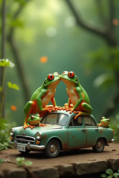 Two frog Kissing each other and another frog on acar roughing on the resting on acar