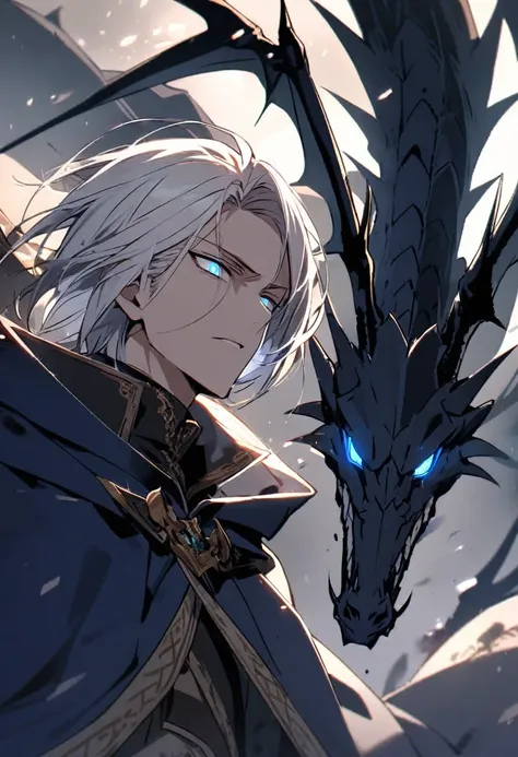 boy, midnight blue eyes, white hair, black dragon, glowing eyes, parted bangs, death, cloak