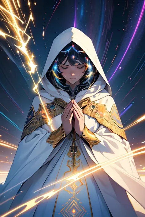 (masterpiece, top quality, best quality, official art, beautiful and aesthetic:1.2), (1girl), extreme detailed, (fractal art:1.3), colorful, highest detailed, perfect face, upper body, HDR, (praying:1.3), (white cloak golden lines:1.2), galaxy, (light stre...