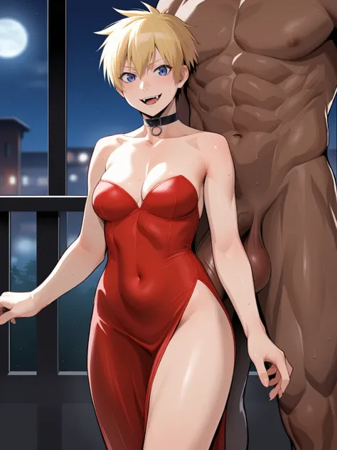 score_9, score_8_up, source_anime, standing, hellsing, seras, blonde hair, nude, indoors, night, night sky, nighttime, vampire, smirk, fangs, ikuchan, balcony, town background, nude male, huge penis, huge testicles, muscular male, medium breasts, boyfriend...