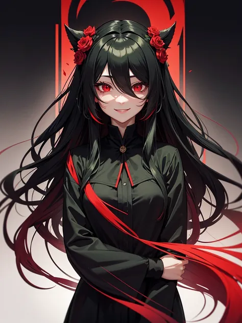 woman, red eyes, ombre black and green long wavy hair, noble, wearing a black unifrom, wearing flowers on her head. sadistic smile. cruel