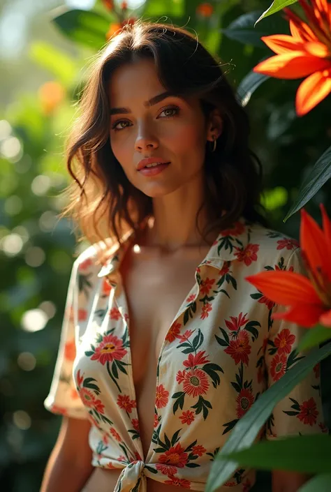 A Brazilian woman in a lush tropical garden, wearing an open shirt with a floral print, with a close-up capturing the harmonious beauty between her breasts and the natural flowers, showing off your natural charm and outgoing personality.