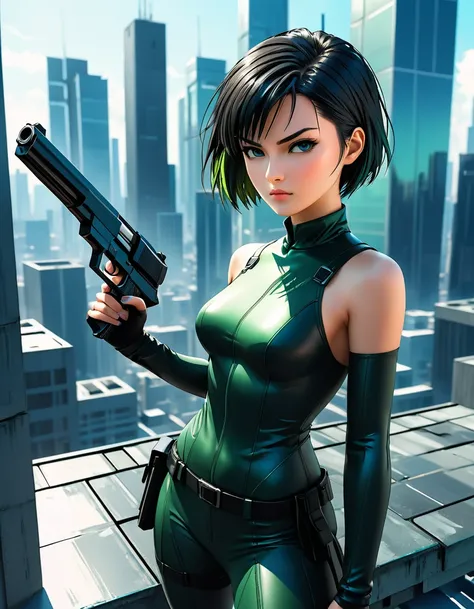 Anime illustration, character Trinity of ((The Matrix movie)) holding gun to the viewer on the roof of a skycraper plataform, stunning woman, short shaved straight haircut, cute face, serious look, surrealistic anime art style, high contrast, dynamic compo...