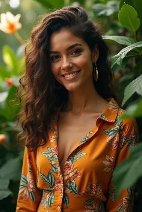 A Brazilian woman in a lush tropical garden, wearing an open shirt with a floral print, with a close-up capturing the harmonious beauty between her breasts and the natural flowers, showing off your natural charm and outgoing personality.