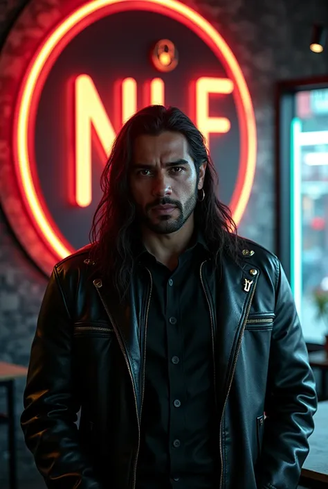 In the night Very long-hair Indonesian man, stocky, wearing a leather jacket, realistic, looking at the viewer, the back wall of the room has a round logo that says "NLF", letters embossed from clear red and white acrylic with gold dust, glowing corners, b...