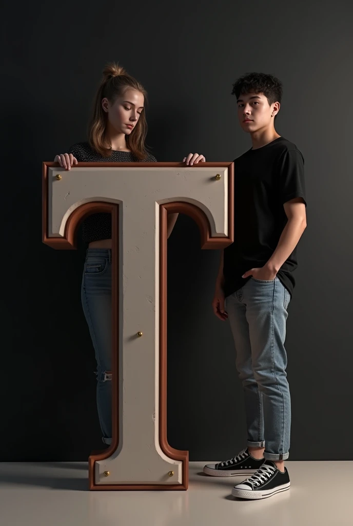 PROMPT :- realistic 16 year old cute stylish attitude girl standing with big real 3D “T” name letter side and face down. boy wearing black full t-shirt and black jeans, black shoes, watch stylish hair, The background black wall should ensure that the name ...