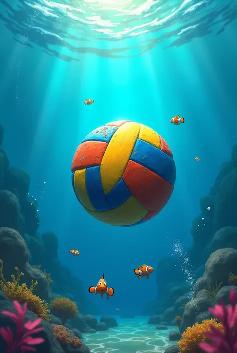  Create an image inspired by the cover of the movie Nemo, but instead of Nemo I want a volleyball, and the title of the image is "looking for volleyball"