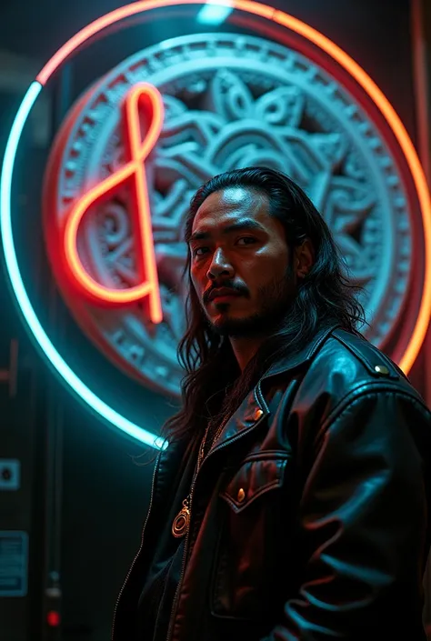 In the night Very long-hair Indonesian toraja man, stocky, wearing a leather jacket, realistic, looking at the viewer, the back wall of the room has a round logo that says "NLF", letters embossed from clear red and white acrylic with gold dust, glowing cor...