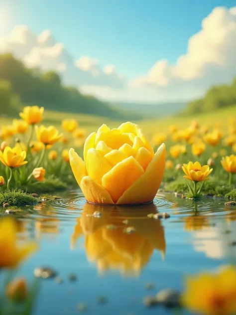 I am a product photographer. The scene I captured is a blue sky with warm yellowish white clouds. Below is a field of yellow flowers, with a yellow flower-shaped cake placed in the middle. The ground has a lake, and the reflection of the cake is reflected ...