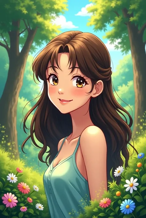 Yoshihiro Togashi style, brunette, female, flowers, looking at viewer, sunny, trees, smiling