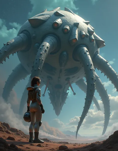 A young Caucasian woman standing in front of a large Zerg-inspired spaceship. The ship, in Starcraft fashion, has an alien aesthetic with jagged edges and a unique structure that seems to be alive. The girl, dressed in a futuristic space suit with safety g...