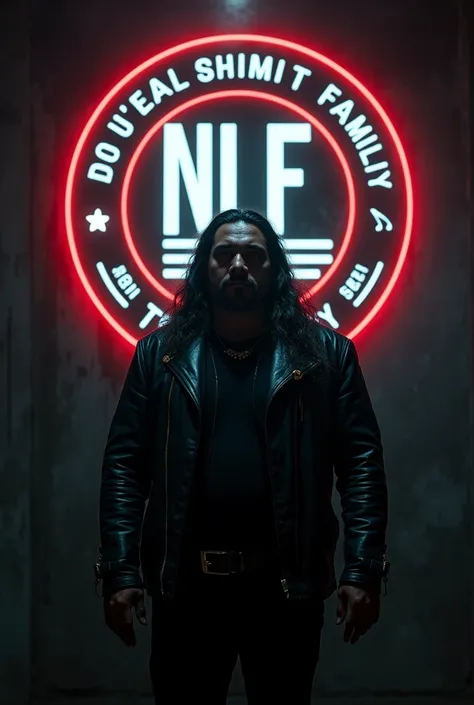 In the night at the secret meeting room , Very long-hair Indonesian toraja man, stocky, wearing a leather jacket, realistic, looking at the viewer, the back wall of the room has a round logo that says "NLF no limit family", letters embossed from clear red ...