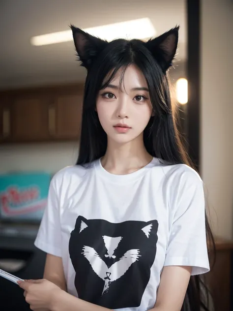 One girl, Black Hair, ｔShirt High Resolution, Long Hair, 
Cat ear, 