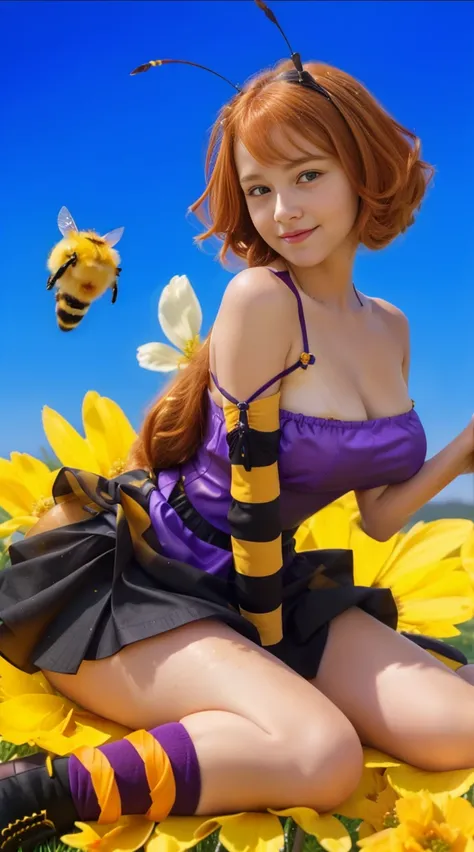 a gorgeous 10 year-old girl, straight orange hair, purple dress, black circle skirt, cute smirk, cute bee girl, sensually alluring girl, extremely detailed, 4k, perfect face