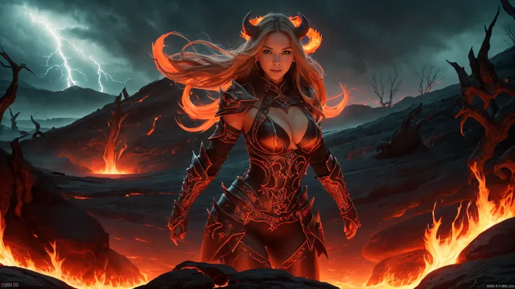 In this masterpiece, a stunning succubus warrior girl stands at the center of the frame, radiating an aura of mystique and beauty. The ultra-detailed 4K image presents her in front of the ominous (gates of hell) (with a vortex of red mana), surrounded by t...