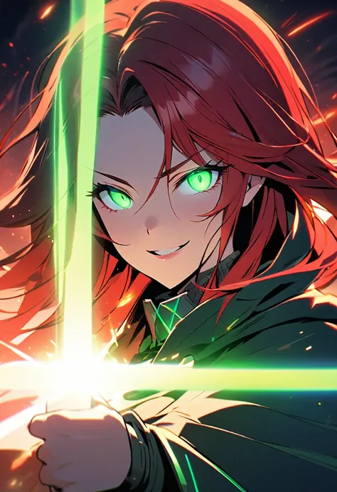 woman, green eyes, red hair, glowing eyes, parted bangs, cloak, smile, energic