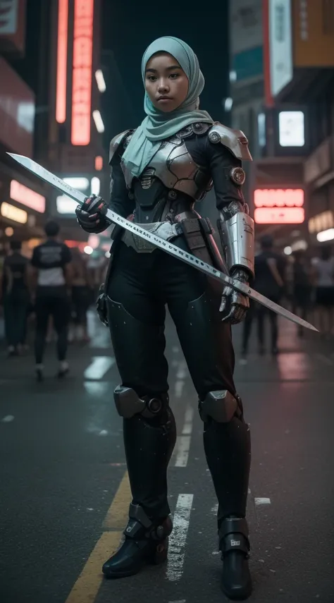 a malay teenage girl in hijab and mecha suit holding samurai sword in fighting pose in front of crowded bustling kuala lumpur malaysia city streets, serious face, nighttime, 35mm lens, establishing shot, pastel color grading, depth of field cinematography ...