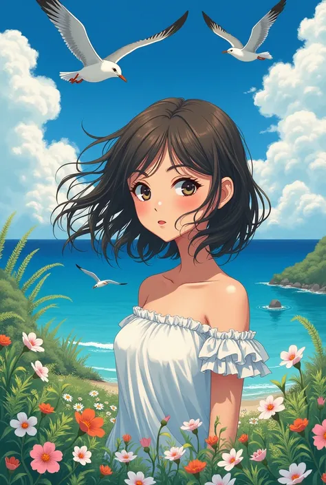 Yoshihiro Togashi style, brunette, female, flowers, looking at viewer, ocean, sky, seagulls 