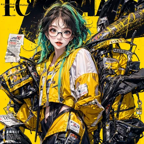 A japanese cute girl idol, with black and yellow straight messy hair masterpiece, best quality, joker outfit, colorful neon hair, joker makeup,outdoor, magazine cover ,upper body,  hair is long with yellow and black highlights，wear glasses，black color and ...