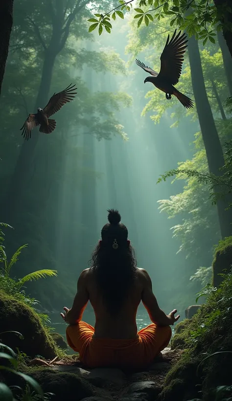 Create a photo of muscular lord hanuman . Doing meditation in deep and mysterious rainforest. Where vulture ( birds having long neck are flying) there are very big giant trees having dangerous and mysterious vibes.