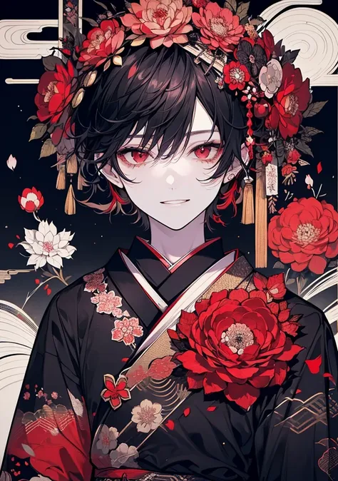 (The pieces fly), (Highest quality), Very detailed, 1 boy, Focus Only，Perfect Face, Beautiful Face, Very detailedな顔，(Black Hair:1.3)，(Red eyes:1.3)，Light，smile，new year，(kimono:1.4)，shrine