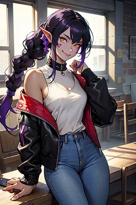 (best quality), 1girl, solo, Shyvana, dragon girl, facial mark, pointy ears, yellow eyes, colored sclera, slit pupils, colored scales on human skin, (purple skin:1.2), french braids, low ponytail, long hair, red-black hair, toned, looking at viewer, smile,...