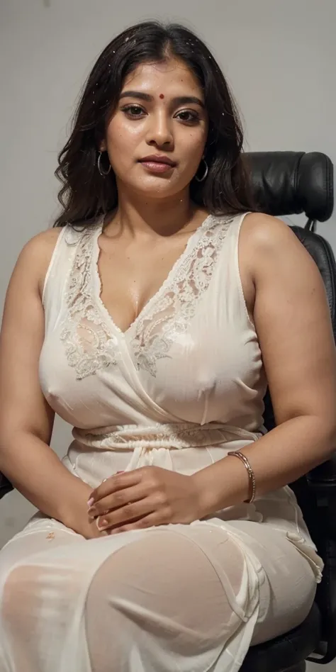 Day scene, full body photo of a plus sized 45 year old indian with a man from top view, (Masterpiece, Best Quality, High Resolution), office Background, (cum Splash on her breasts and nipples, cum Splash on her face, Splash of cum, cum Splash on her blouse...