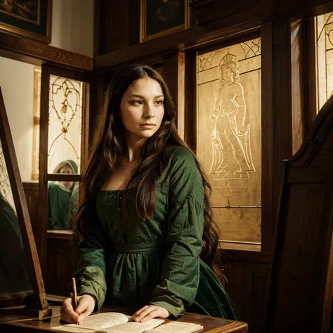 Draw Mona Lisa by painting a picture with Leonardo Da Vinci&#39;s portrait. Here is a step by step guide for you:

1. **studio setup:**
   - Start by drawing the Renaissance studio, a large space with arched windows. Be sure to add rich tapestries to the w...