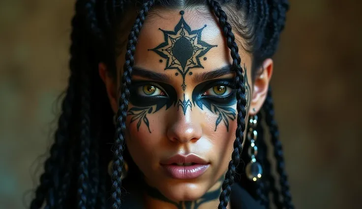 a pose of a beautiful woman with tattoos on her face and body, beautiful female android, tattooed face, dark elf, skin black, intricate braided hair, portrait in matte painting, photo by full body, glare eyes, she is dressed in shaman clothes, heavy make-u...