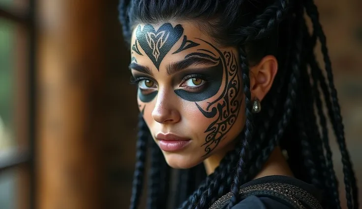 a pose of a beautiful woman with tattoos on her face and body, beautiful female android, tattooed face, dark elf, skin black, intricate braided hair, portrait in matte painting, photo by full body, glare eyes, she is dressed in shaman clothes, heavy make-u...