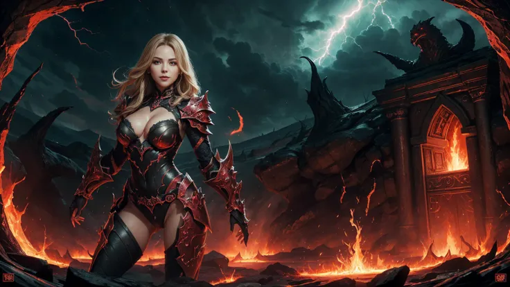 In this masterpiece, a stunning succubus warrior girl stands at the center of the frame, radiating an aura of mystique and beauty. The ultra-detailed 4K image presents her in front of the huge (gates of hell) (with a vortex of red mana), surrounded by the ...