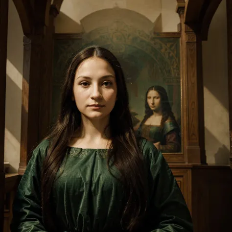 Draw Mona Lisa by painting a picture with Leonardo Da Vinci&#39;s portrait. Here is a step by step guide for you:

1. **studio setup:**
   - Start by drawing the Renaissance studio, a large space with arched windows. Be sure to add rich tapestries to the w...