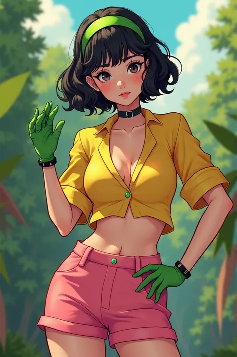 Cute girl, short curly black hair, green headband, green gloves, yellow shirt, pink shorts, big breasts, exposed belly, black collar