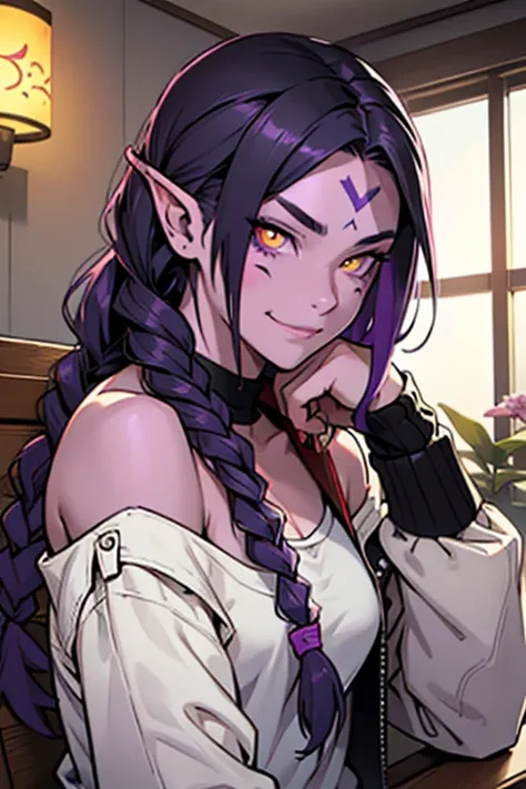 (best quality), 1girl, solo, Shyvana, dragon girl, facial mark, pointy ears, yellow eyes, colored sclera, slit pupils, colored scales on human skin, (purple skin:1.2), french braids, low ponytail, long hair, red-black hair, toned, looking at viewer, shy sm...