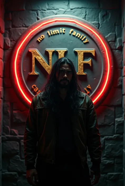 In the night at the secret meeting side  room , Very long-hair Indonesian toraja man, stocky, wearing a leather jacket, realistic, looking at the viewer, the back wall of the room has a round logo that says "NLF no limit family", letters embossed from clea...