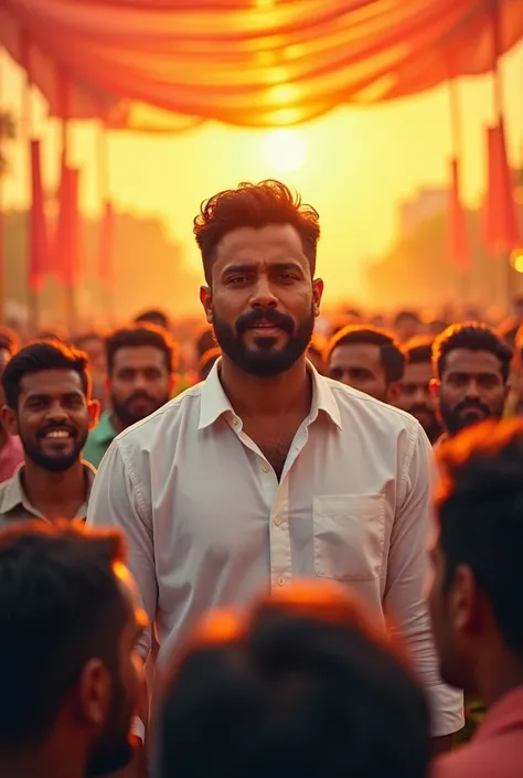 A  man in centre  with a short  beard and dair hair, wearing a white shirt,front view face straight towards camera of the person standing and speech  in the middle of an sun set with a crowd of tamilnadu people are encouraging and surrounded  in the backgr...