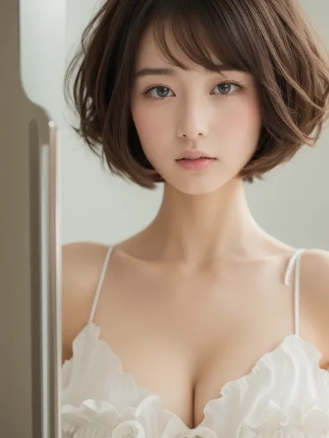 ((of the highest quality, 8K, masutepiece: 1.3)), Women (Full body portrait, front, red chiffon frill dress, Big breasts, cleavage, In the Magic Mirror), Overhead camera, Sharp Focus: 1.2, prety woman: 1.4, ((girlish bob Hairstyle)), Highly detailed face a...